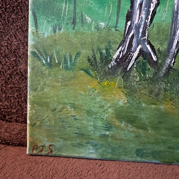 Oil Paint Hand Painted Canvas Birch Trees Green - Picture 4 of 5